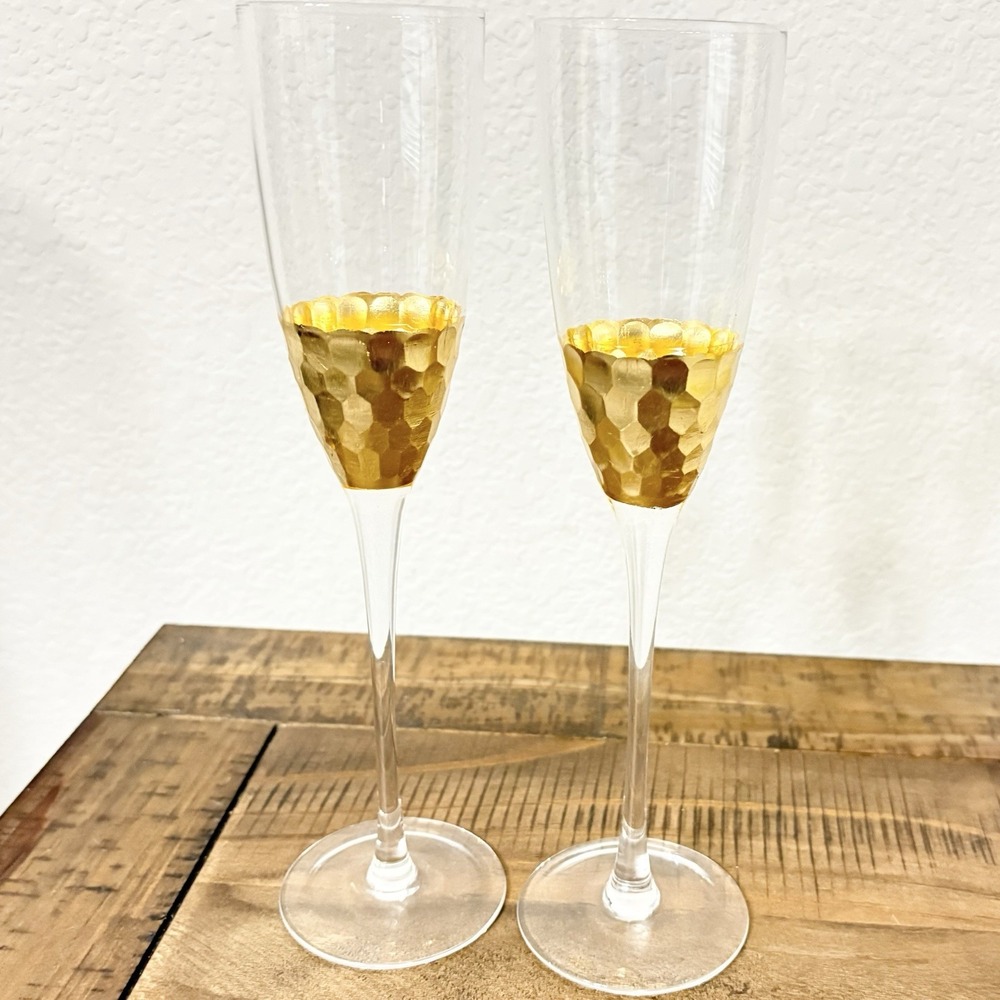 Fez Cut Glass Champagne Flutes Gold Leaf Set Of 2